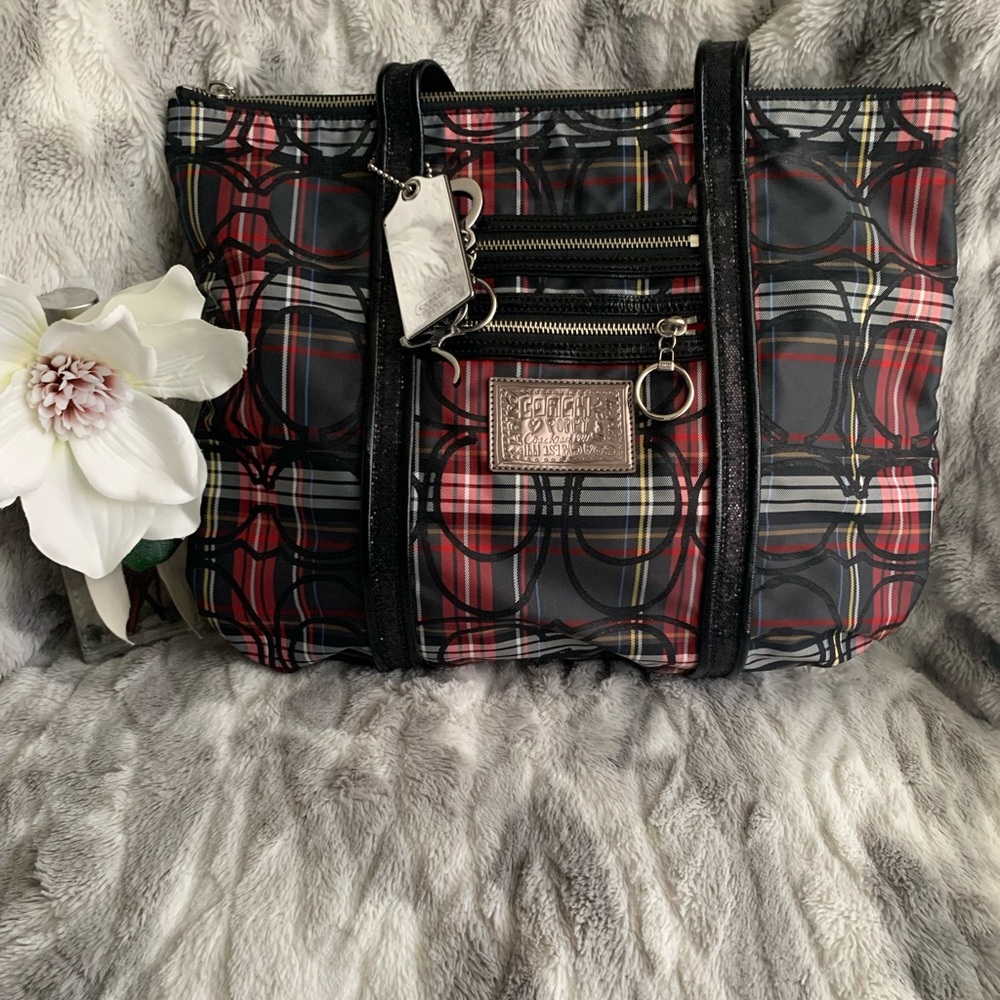 Coach Poppy Red/Black/Tartan Plaid Large Glam Tote Handbag - RARE